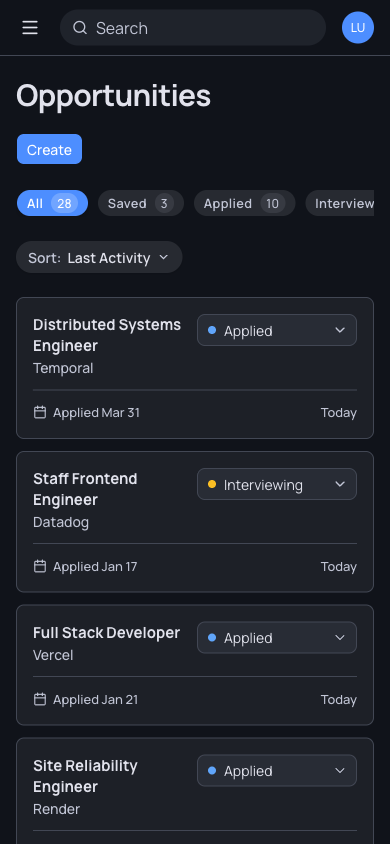 The NextOpp active list, showing tracked opportunities across statuses